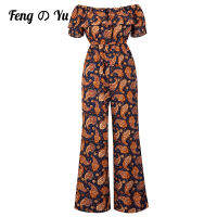 Ladies Printed Jumpsuit Off Shoulder Ruffle Short Sleeve One-Piece Blue Loos Tight High Waist Trousers Summer Fashion Women XL