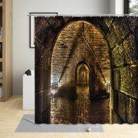 Retro Nostalgic Building Cellar Arched Door Shower Curtain Old Oak Barrel Home Decor Bathroom Dedicated Washable Fabric Set Hook