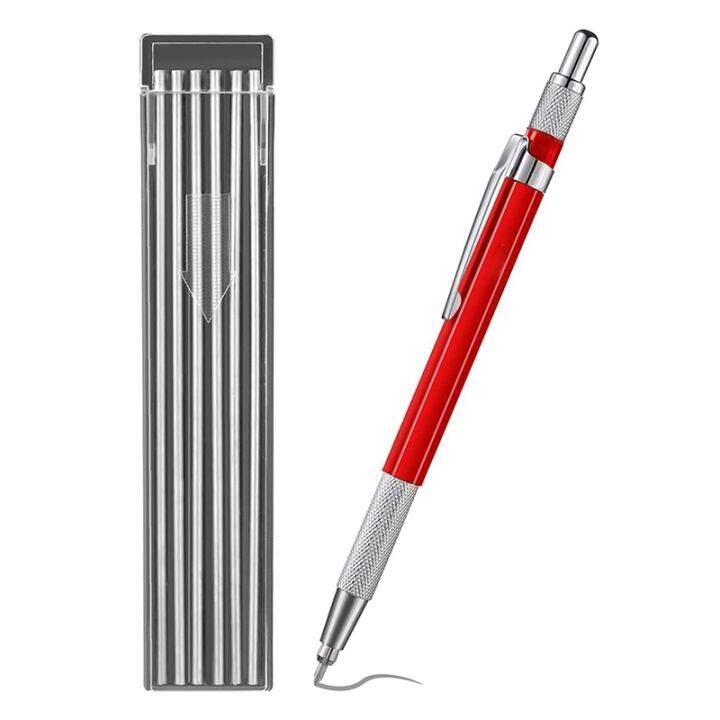 welders-pencil-with-12pcs-silver-streak-refills-metal-marker-mechanical-welding-pencil-pipefitters-fabrication-red