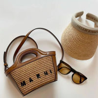 2023 Summer Straw Vegetable Basket Bag marniˉStitching Cowhide Woven Beach Bag Messenger Bag