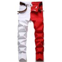 Brand Red Yellow Green White Stitching Men Jeans Spring Autumn New Slim Skinny Stretch Street Hip Hop Male Elastic Denim PantsTH