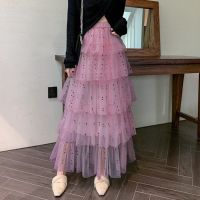 Tulle Dot Pleated 94cm Maxi Skirt for Women 2023 Autumn Sweet Cute Tiered A Line Fairy High Waist Ankle-Lenght Skirt Female Tutu