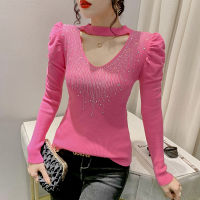 利AIYIKU Pink hang neck knitted jumper 2023 autumn and winter new fashion design hot drill jumper slim bubble sleeve top