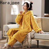 Harajpee Coral Cashmere Pajamas Womens 2022 Autumn and Winter New CuteThickened Robe Warm Lovely Long Flannel Home Suit Solid