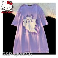 ที่ดูใหม่☋Sanrio Kuromi ผ้าฝ้ายแขนสั้นเสื้อยืดลายผีปักลายโอเวอร์ไซส์สำหรับผู้หญิงเสื้อ Y2k อนิเมะแนวสตรีท