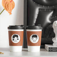 Ins Wind แก้วกาแฟเซรามิคหนังถ้วยกาแฟแบบพกพาพร้อมฝาปิด Office Scald Resistant Water Cup