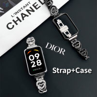 เคสโลหะพร้อมสายนาฬิกาสำหรับ Redmi Smart Band 2 / Xiaomi Mi Smart Band 8 Active สายนาฬิกาแฟชั่น Dual Love Heart สร้อยข้อมือโลหะสแตนเลสสายรัดข้อมือทดแทน