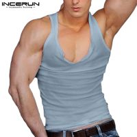 ☊∏ Incerun เสื้อกล้ามลําลอง แขนกุด คอต่ํา ผ้าถัก สีพื้น สไตล์วินเทจ สําหรับผู้ชาย