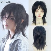 VICWIG Mullet Head Wig Short Synthetic Straight Black Fluffy Natural Wolf Tail Hair Men and Women Wig for Daily Party Cosplay Wig  Hair Extensions Pad