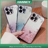 HANNEY สําหรับ iPhone 14 13 12 11 Pro Max XR XS Max X XS 8 7 Plus เปลือกโทรศัพท์มือถือสะอาด กระดาษแฟลช bling เปลือกกระดาษป้องกันการสั่นสะเทือน 6d การชุบสีลับ สวนลวดลายอ่อน TPU ฝาครอบด้านหลัง MM-08