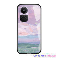 ปากกาคอเสื้อสำหรับ OPPO Reno10 Pro 5G เคสเคสประกบหลังแบบแข็งกระจกเทมเปอร์เคสมันวาวลายทุ่งหญ้าสวยงามเก๋ไก๋