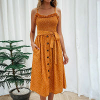 【cw】2021 European and American Womens Clothing Popular Strap off-Neck Polka Dot Dress Beach Casual Strap Dress 1101 ！