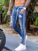 【CW】NEW Men Skinny Jeans Biker Destroyed Frayed Fit Denim Ripped Side Stripe Pencil Pants Hip Hop Streetwear Jeans S-3XL