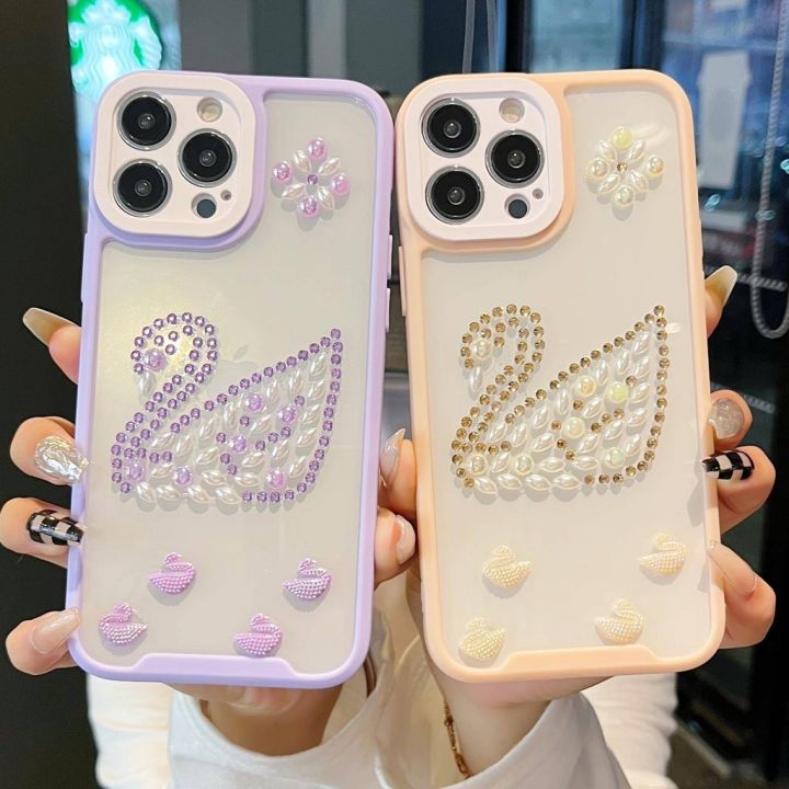 เคสหลังใสกันกล้องfor-13promax-13pro-13-12pro-12-12promax-i11-11promax-xr-x-xs-7plus-8plusเคสขอบสีลายหงษ์-เคสติดมุกสวยหรู