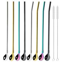 4/8Pcs 304 Stainless Steel Straw Spoon Colorful Stirring Straw Reusable Metal Straw with Brush for Smoothie Drinking Accessory Specialty Glassware