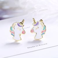 【YF】☂✥♧  Gold Color 925 Needle Unicorn Hoop Earrings Multicolor Enamel Earring Jewelry New