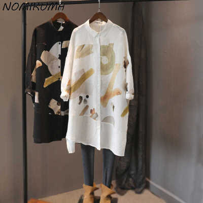 Nomikuma 2021 Autumn New Medium-long Blouse Tops Korean Printing Long Sleeve Cotton Linen Shirts Causal Blusas Mujer Moda 6L055