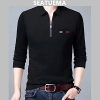 SEATUEMA เสื้อโปโลแขนยาวสำหรับผู้ชาย,เสื้อสำหรับผู้ชายเสื้อผ้าลำลองแฟชั่นเสื้อโปโลซิปครึ่งตัวสำหรับใส่ฤดูใบไม้ร่วง