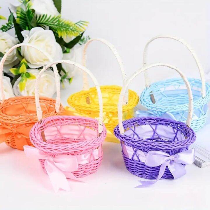 Handmade Faux Rattan Woven Portable Basket Small Gift Blue Flower