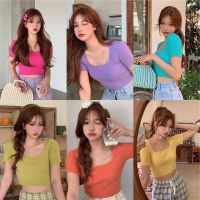 FF.fashion-? 8สี เสื้อครอปไหมพรม? ไหมพรมแขนสั้น คอยู สีสดใส น่ารัก เกาหลี พร้อมส่ง ? #A20