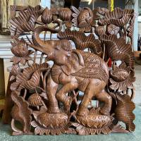 Elephant Teak Wooden Carved ไม้สักแกะสลัก รูปช้างเล่นดอกบัว ขนาด 60x60 ซม. ไม้หนา 3 ซม. ช้างแกะสลัก ไม้สักแต่งผนังบ้าน งานสวย *สินค้าชุมชน* คุณภาพส่งออก