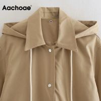 Aachoae Autumn Winter Women Solid Color Hooded Long Trench Single Breasted Long Sleeve Coats With Pockets Casual Outwear