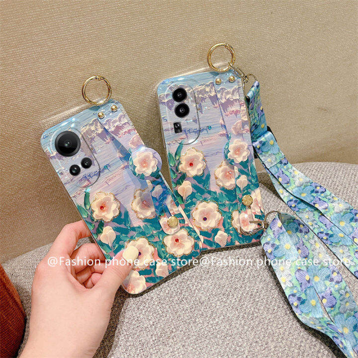 phone-case-เคส-oppo-reno10-reno10pro-reno10pro-plus-5g-เคสโทรศัพท์ภาพดอกไม้ลายน้ำมัน-rhinestone-บลูเรย์วินเทจพร้อมสายคล้องข้อมือ2023