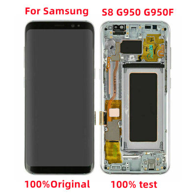 จอ LCD สำหรับ Samsung Galaxy S8 AMOLED ของแท้ G950 S8 G950F จอแสดงผล Lcd แบบสัมผัสหน้าจอแปลงเป็นดิจิทัลโดยใช้จุดสีดำหรือมีสาย