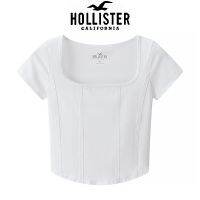 Hollister Fishbone เสื้อยืดแขนสั้นผู้หญิงปกสี่เหลี่ยมสไตล์โฮลิสเตอร์เสื้อเชิ้ตตัวเล็กการ์ดต่างประเทศ