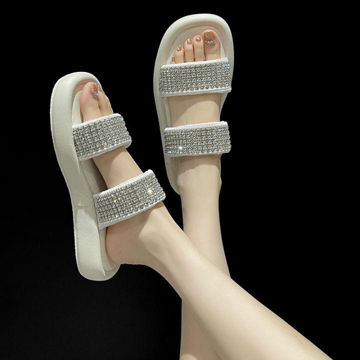 รองเท้าประดับพลอยเทียมสำหรับผู้หญิง-รองเท้าส้นเตี้ยฤดูร้อนแฟชั่นพื้นนุ่มใส่ได้หลายโอกาสลำลอง
