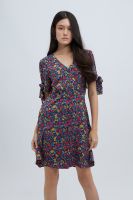 ESP เดรสลายดอกไม้คอวีแต่งโบว์ ผู้หญิง | Floral Print Dress with Bow Detail | 5816