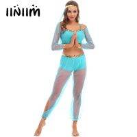 hot【DT】 Womens Costume Fantasy Outfit Belly Sequin Sheer Mesh Overlay Crop Top Split Pants Headwear