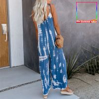 ERINWomen Casual Sleeveless Spaghetti Straps Tie Dye Backless Loose Jumpsuit Overall