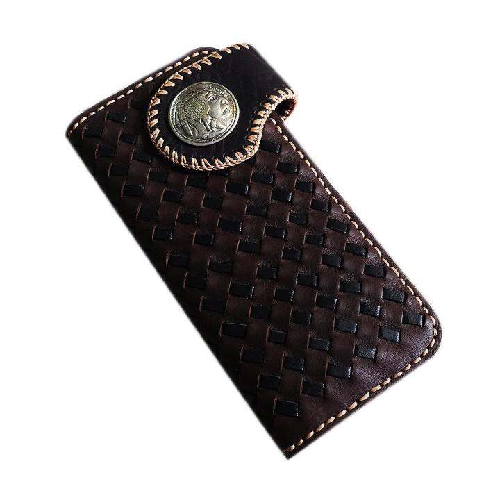 you-link-หนังวัวแท้-ลายสาน-ดูเป็นของย้อนยุค-สวยมาก-เทห์มาก-beautiful-vintage-long-bifold-wallet-celtic-in-brown-and-black-สีน้ำตาลดำ