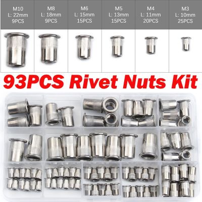 93PCS Stainless Steel Rivet Nuts Blind Set Nutserts Threaded Insert Nutsert Cap Flat Head Rivet Nuts M3/M4/M5/M6/M8/M10