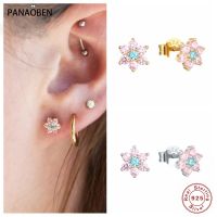 [Han ornaments] PANAOBEN 925เงินสเตอร์ลิงสตั๊ดต่างหูแฟชั่นผู้หญิงสีม่วง Lotus Zircon เจาะต่างหู Fine ต่างหูเครื่องประดับ Pendientes