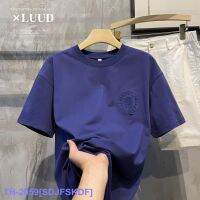 Top LUUD Trendy Brand Retro Personality Solid Color Casual T-Shirt American Simple Patch Short-Sleeved Summer Round Neck Top Men YY ◕☂✉