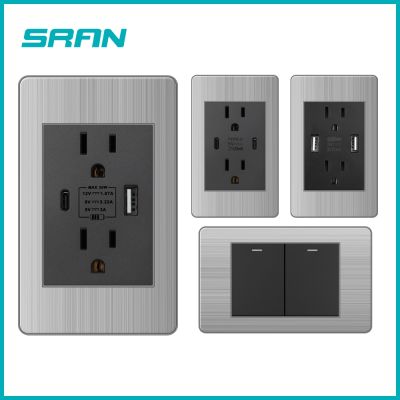 ❄∈☇ SRAN 15A American Standard Usb C Socket Stainless Steel Panel 118x72mm US/Thailand Power Outlet 2Way Switch Black/Grey