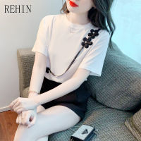 REHIN ของผู้หญิงในช่วงฤดูร้อนใหม่ผ้าฝ้ายสีขาวดอกไม้สามมิติเสื้อยืดเสื้อแขนสั้นเวอร์ชั่นเกาหลีใหม่เสื้อที่สง่างาม