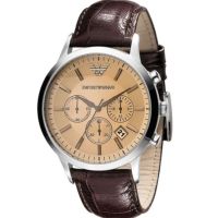 Emporio Armani  Mens Classic Chronograph Cream Face Brown Leather Strap Watch AR2433