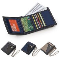 Men Boys Plain Canvas Tri-Fold Wallet Casual Mini Card Holder Cash Wallet with Chain New Design 5 Colors