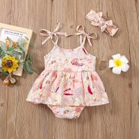 Summer Newborn Baby Girls Romper Jumper Cute Sleeveless Frill Smocked Strap Elastic Jumpsuit+Headband Set For Toddler Kids  by Hs2023