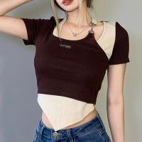 Spot parcel post Design Sense Assorted Colors False-Two-Piece Short Sleeve T T-shirt Personality Chain Halter Cut-out Irregular Short Hot Girl Top for Women