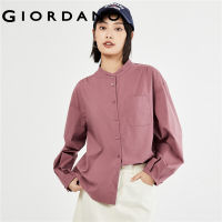 GIORDANO Women Shirts Mandarin Collar Pleated Long Sleeve Blouses Solid Color Simple Fashion Casual Loose Shirts 18343214