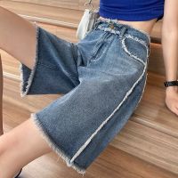 Celana Pendek Denim ขากว้างสำหรับเด็กผู้หญิงแบบขาดห้าชิ้นกางเกงขาม้าแบบหลวมสไตล์เกาหลีสำหรับเอวสูง