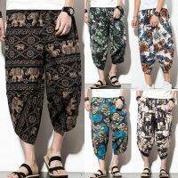 【CC】✹✽  Multi-pocket Cotton Blended Beach Pants for Men Loosen Up Tie Front Seven-cent Trousers Wide Leg Harem