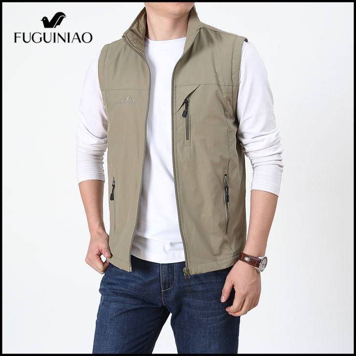 fuguiniao-เสื้อกั๊กผู้ชาย-เสื้อผ้าลำลองกลางแจ้งแขนสั้นเสื้อกั๊กแจ็คเก็ตกลางแจ้งคอตั้ง