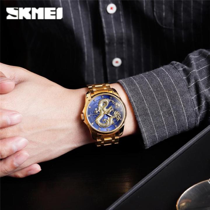 skmei-นาฬิกาข้อมือสำหรับผู้ชาย-นาฬิกาควอตซ์รูปปั้นมังกรทองหรูหรา3d-กันน้ำแสดงวันที่อัตโนมัตินาฬิกานักธุรกิจผู้ชายสายรัดข้อมือสแตนเลสสตีลนาฬิกาแฟชั่นผู้ชาย