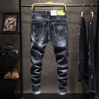 HOT14★Ripped Jeans Men Slim Fit Stretch Printed Fashion Designer Streetwear Male Denim Pants Frayed Vintage Moto Biker Jeans Men