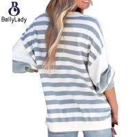 100% Polyester Winter New European And American Cotton Puff Sleeves European And American Round Neck Striped Long-sleeved Pullover Tops【fast】